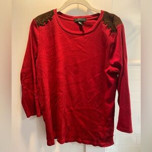 Lauren Ralph Lauren-Ribbed crewneck w/Faux Suede Detail @Shoulder, Red, Size XL